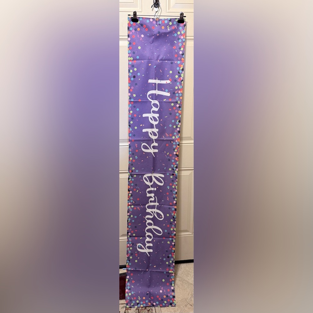 Happy Birthday Table Runner in Purple with a Confetti Design New Without Tags